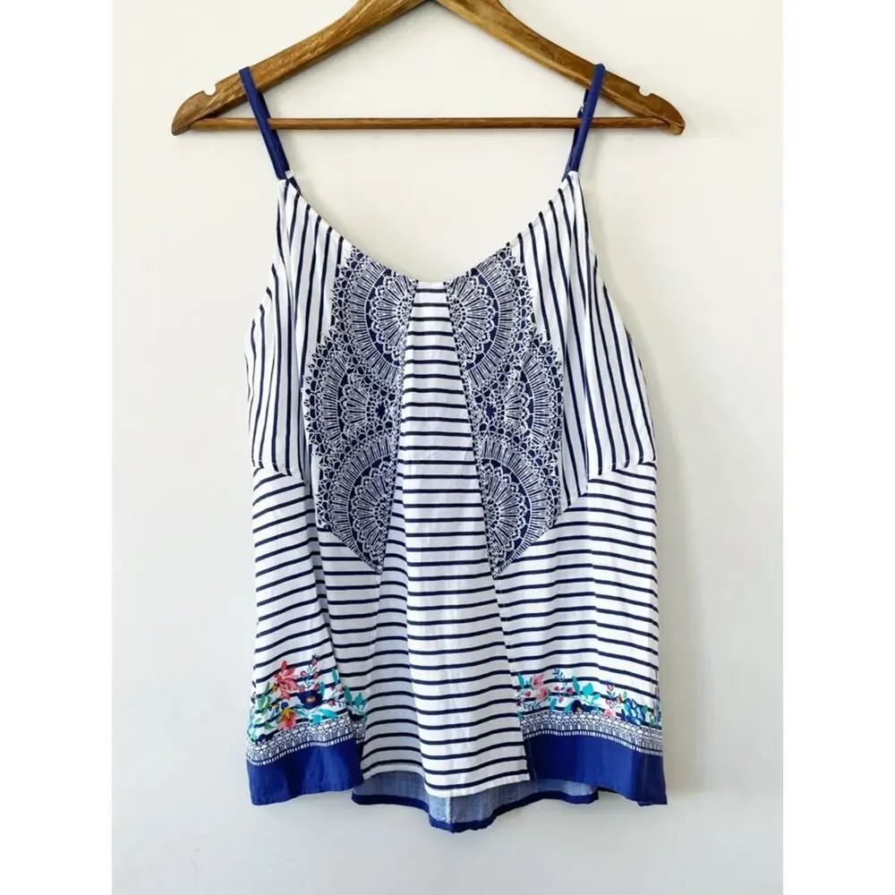 CAbi Navy and White Striped Cami with Floral Hem Size Medium EUC